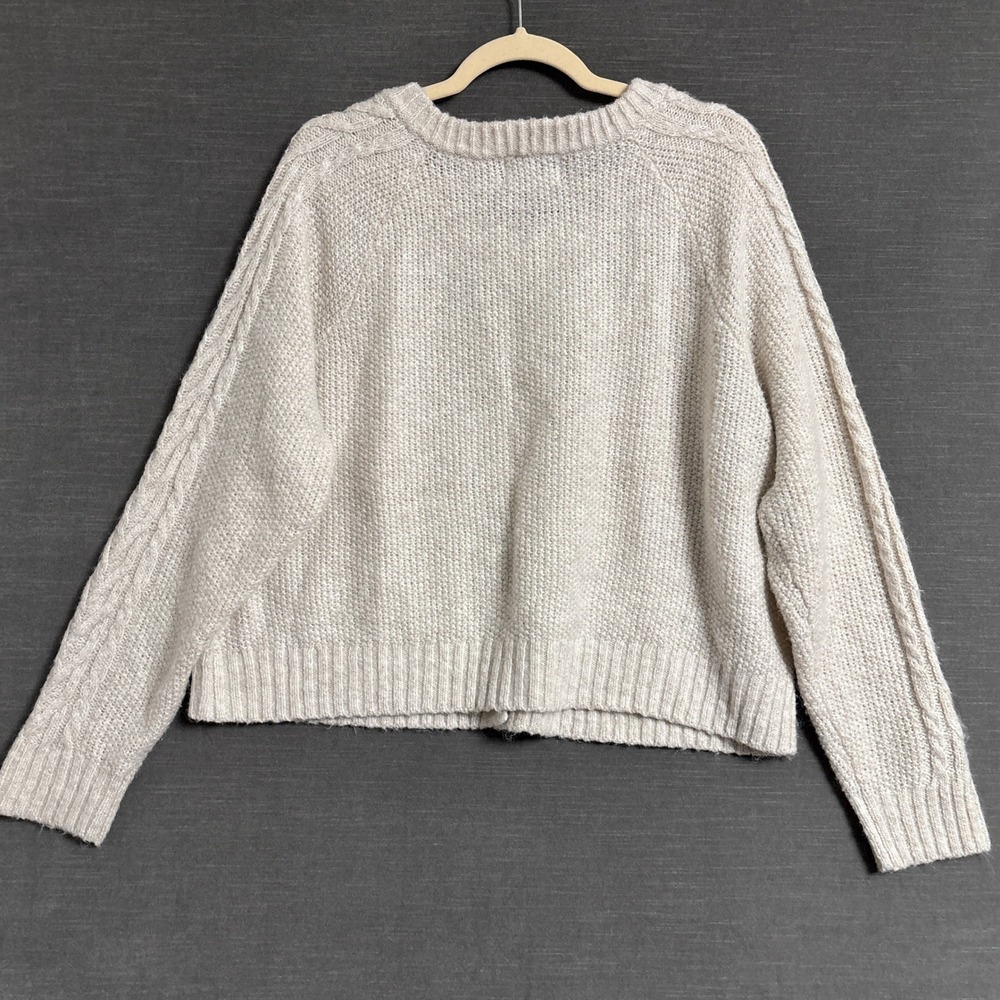 Old Navy Cardigan XL Beige Wool Blend Cable Knit Chunky Fisherman Sweater Crop - Picture 3 of 10